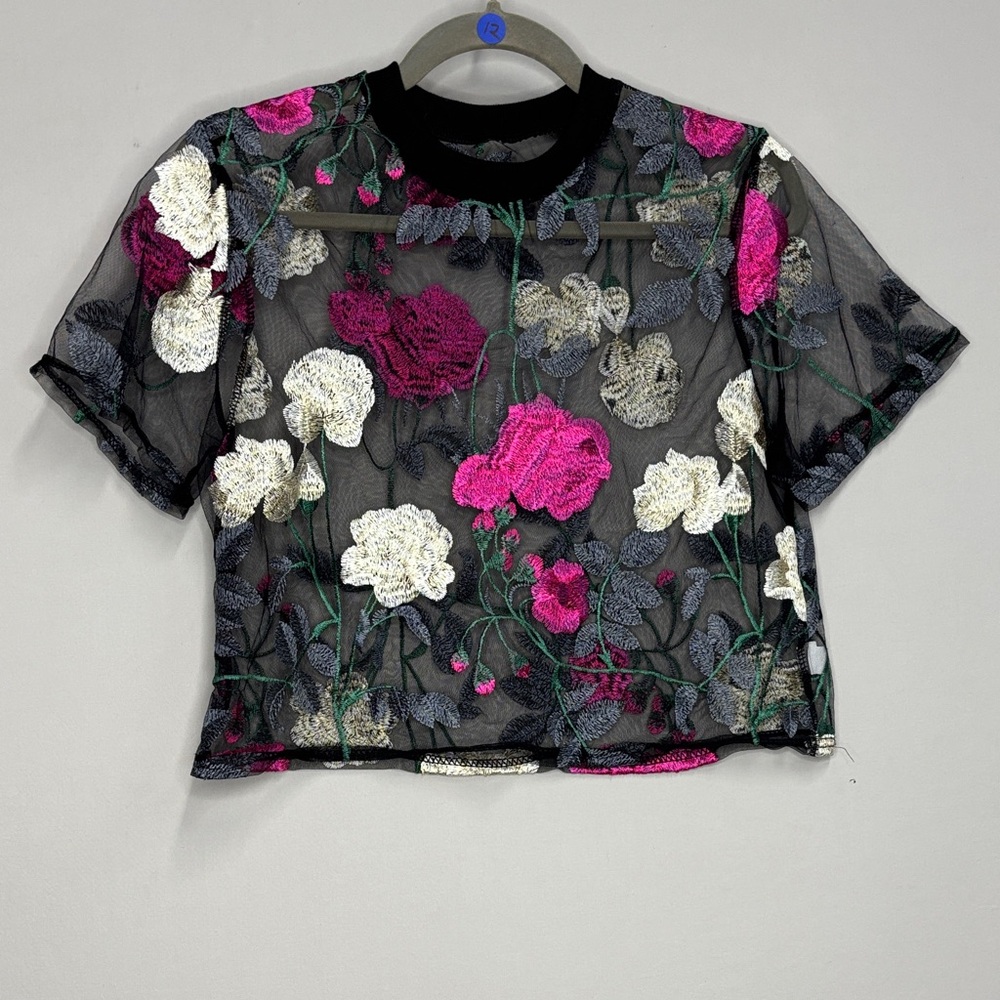 Sheer Floral Embroidered Crop Top - Black with Pink & Cream Flowers